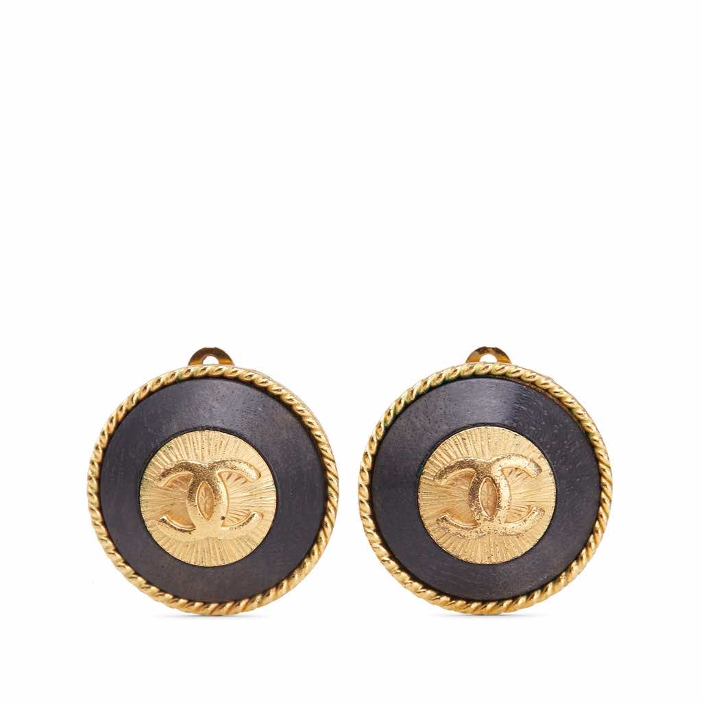 Chanel Gold Plated and Enamel CC Round Button Clip On Earrings