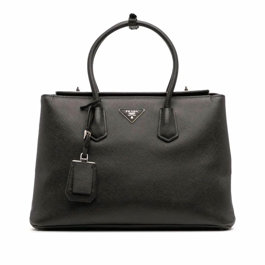 Prada Saffiano Cuir Turnlock Twin Satchel Black Leather Good - Front View