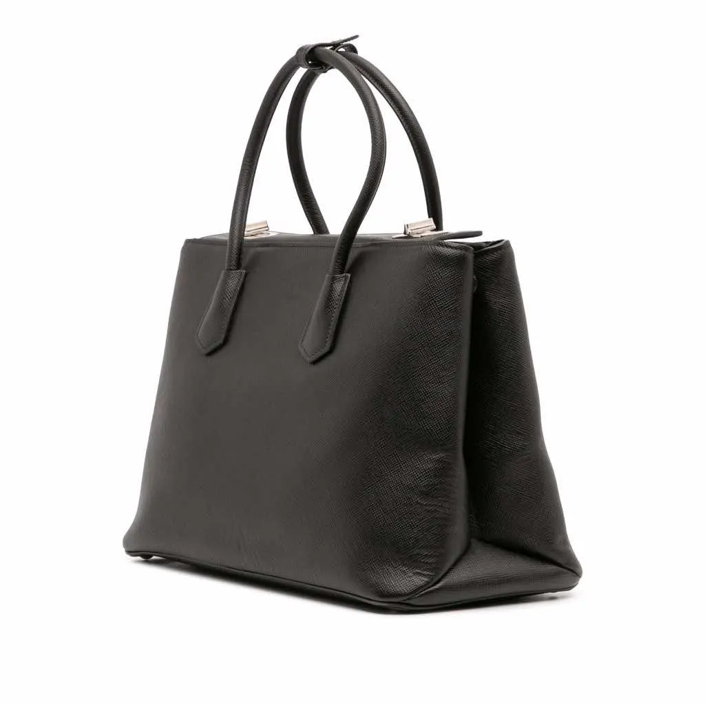 Prada Saffiano Cuir Turnlock Twin Satchel Black Leather Good - Back View