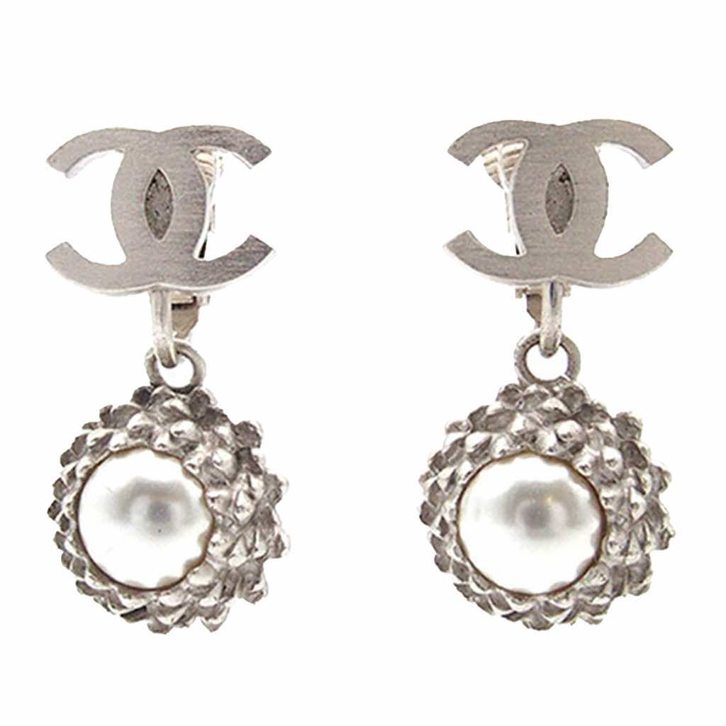 Chanel Silver Plated CC Pearl Dangle Clip On Earrings