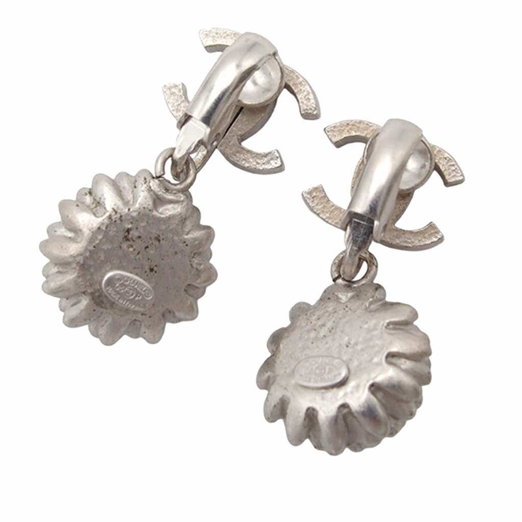 Chanel Silver Plated CC Pearl Dangle Clip On Earrings - Back view