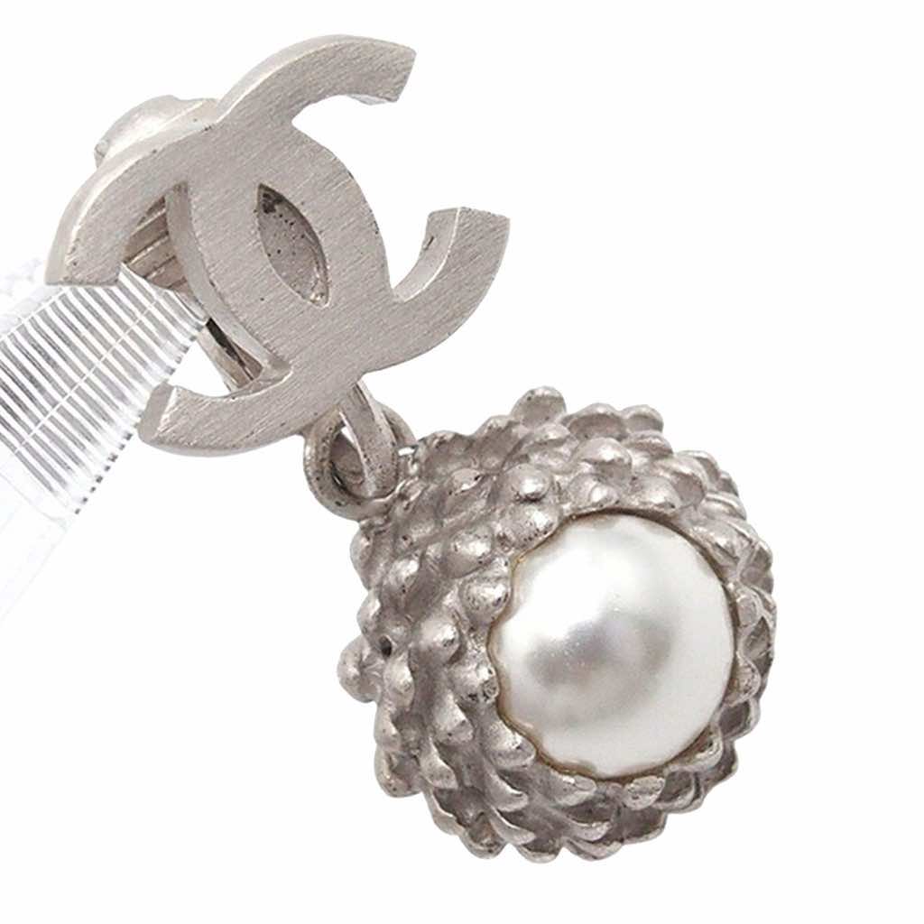Chanel Silver Plated CC Pearl Dangle Clip On Earrings - Image 6