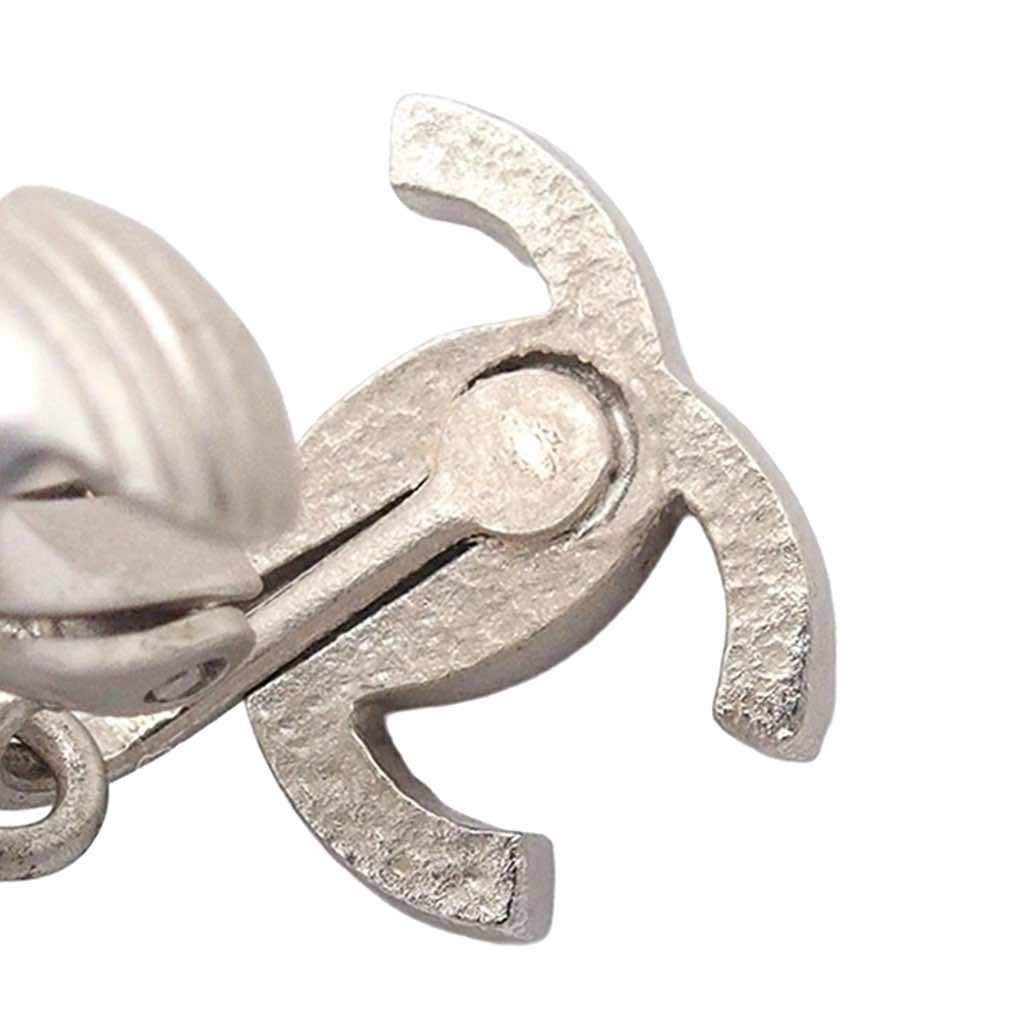 Chanel Silver Plated CC Pearl Dangle Clip On Earrings - Detail 1