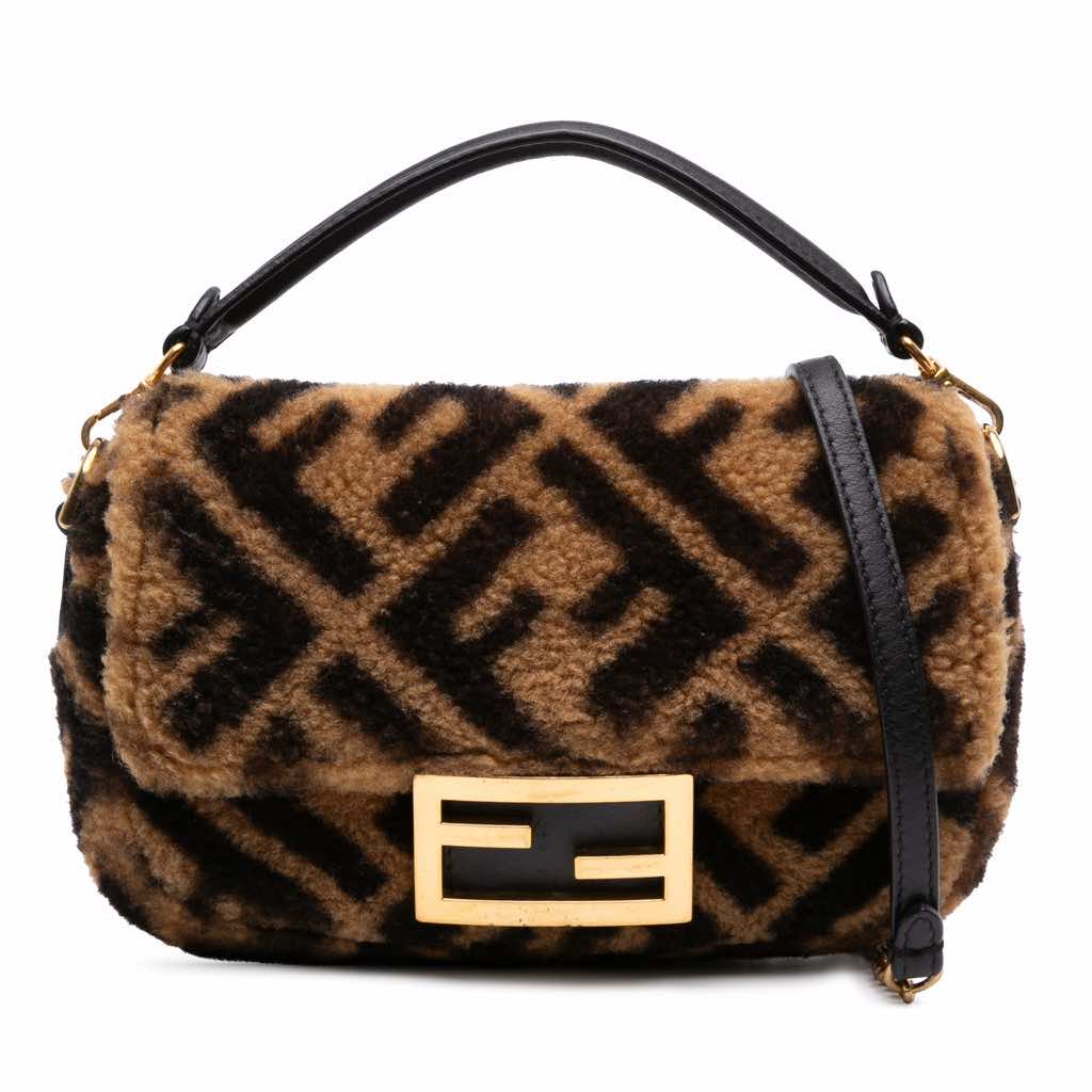 Fendi Mini Zucca Shearling Chain Baguette Satchel