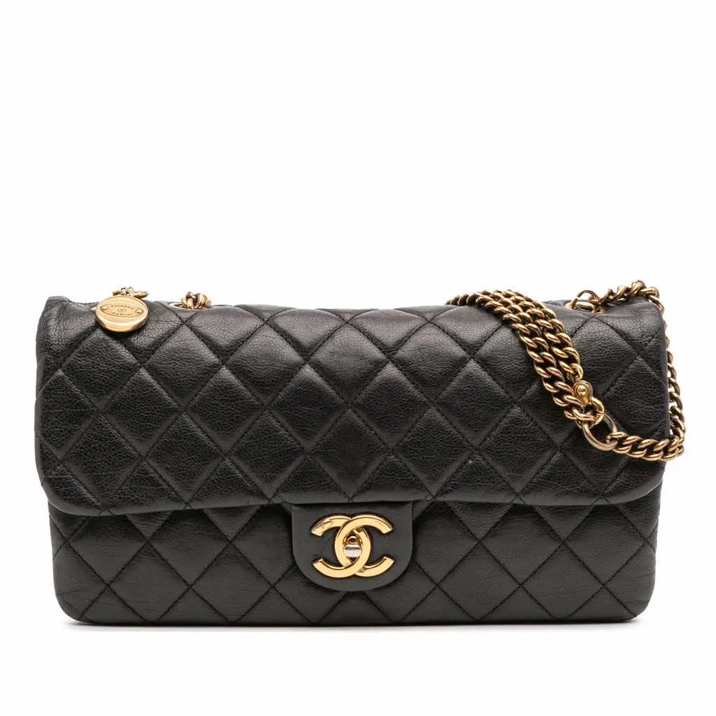 Chanel Quilted Calfskin CC Crown Flap Black Leather Good - Front View