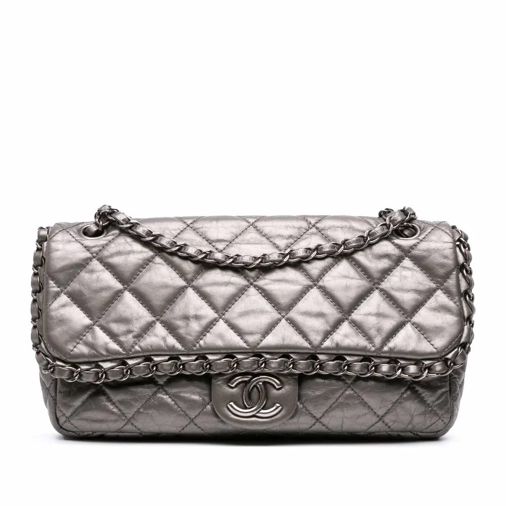 Chanel Medium Quilted Metallic Aged Calfskin Chain Me Flap Grey Leather Good - Front View