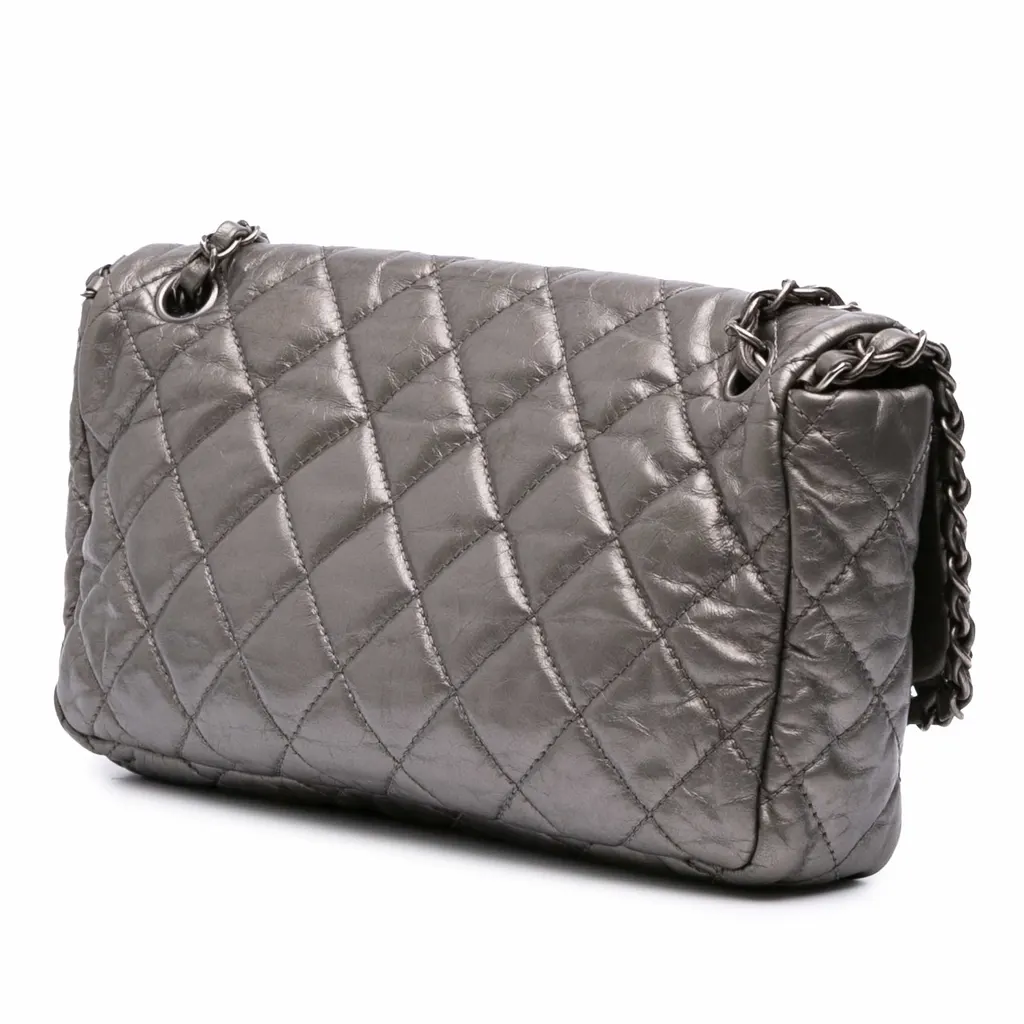 Chanel Medium Quilted Metallic Aged Calfskin Chain Me Flap Grey Leather Good - Back View