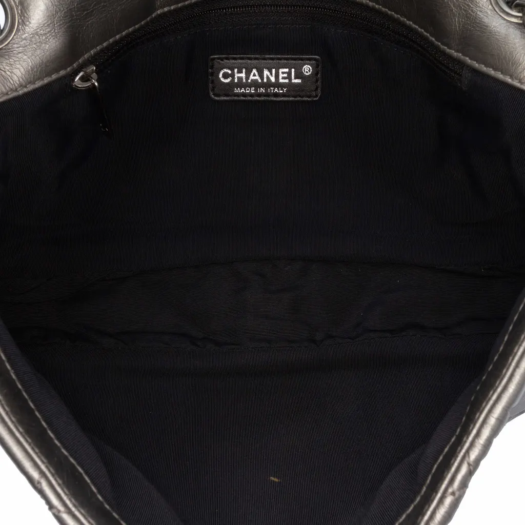 Chanel Medium Quilted Metallic Aged Calfskin Chain Me Flap Grey Leather Good - Model View