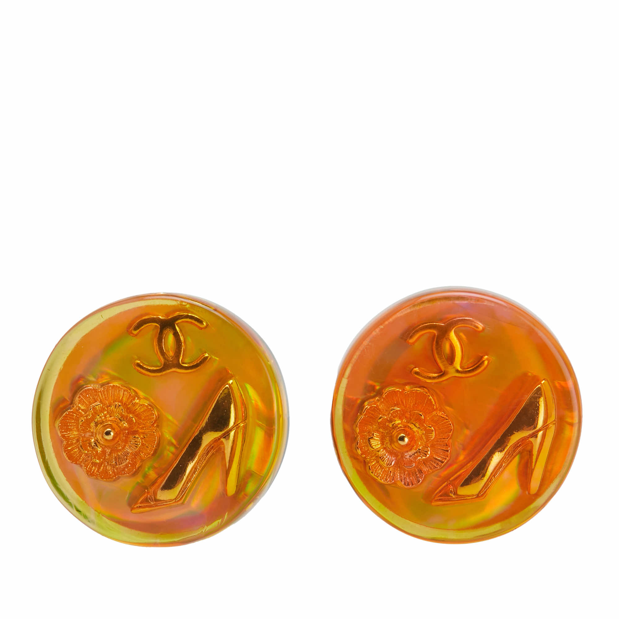 Chanel Gold Plated Resin CC Camellia Button Clip On Earrings