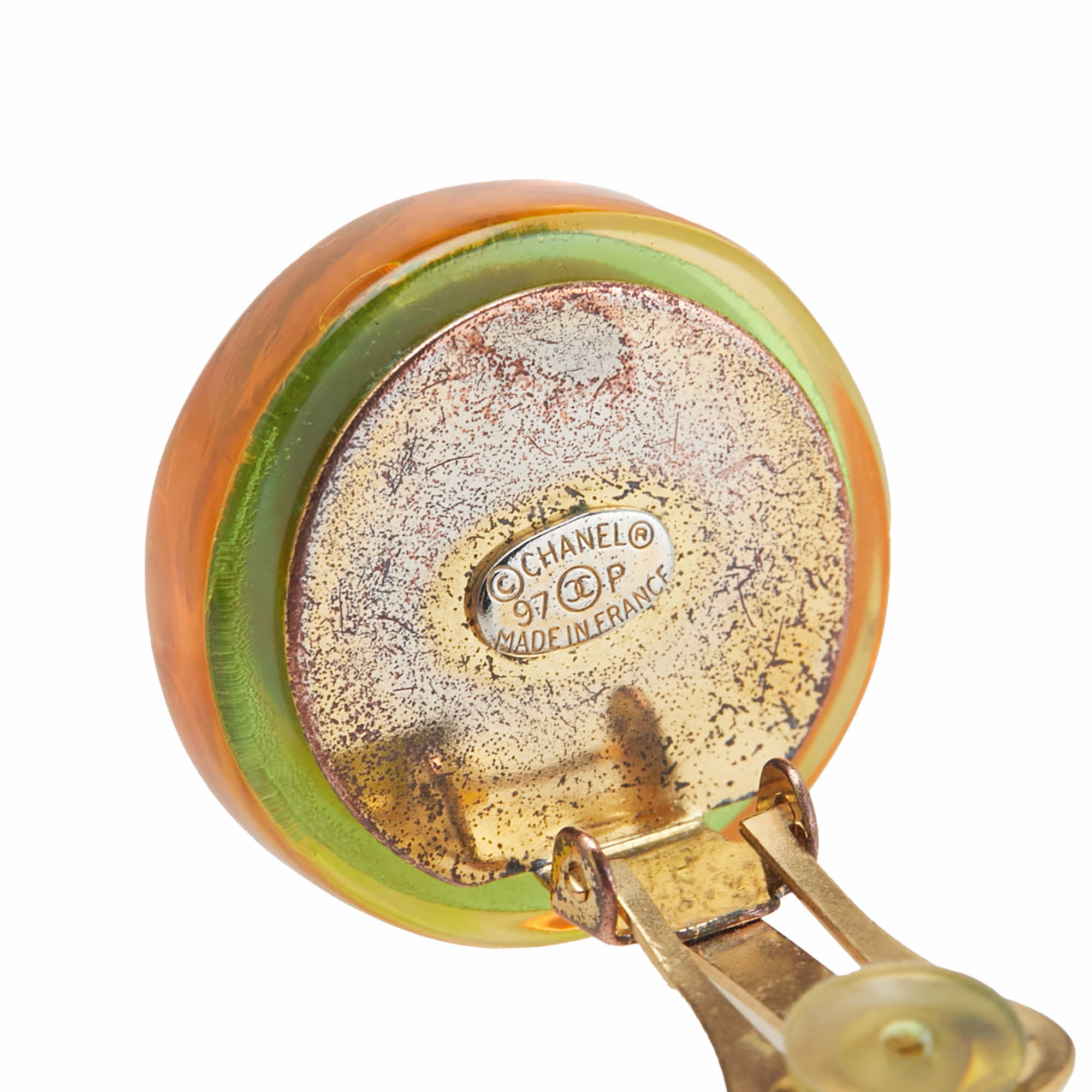 Chanel Gold Plated Resin CC Camellia Button Clip On Earrings - Image 6