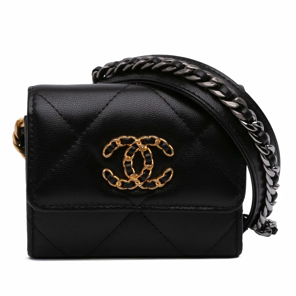 Chanel Lambskin 19 Flap Coin Purse With Chain Black Leather Good - Front View