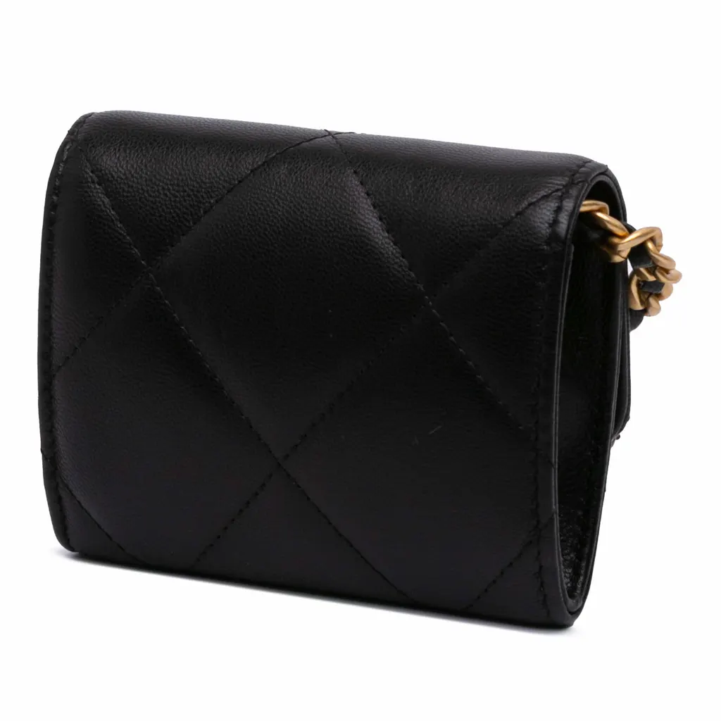 Chanel Lambskin 19 Flap Coin Purse With Chain Black Leather Good - Back View