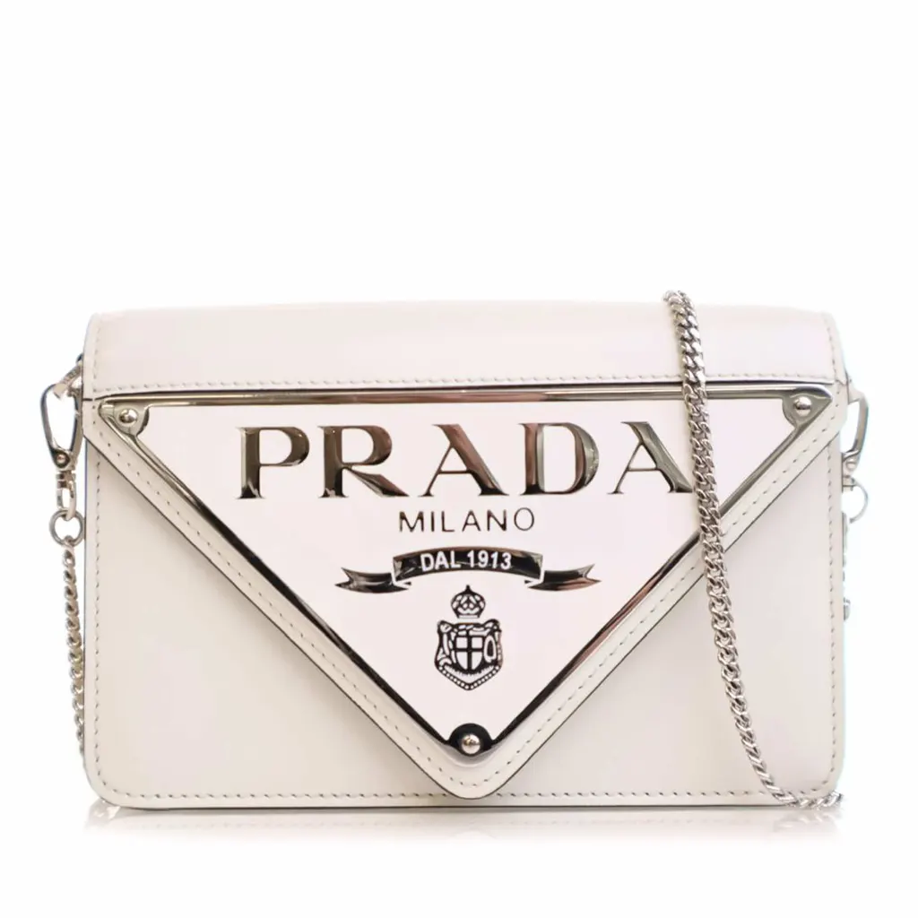 Prada Spazzolato Triangle Logo Plate Flap Chain Crossbody White Leather Good - Front View