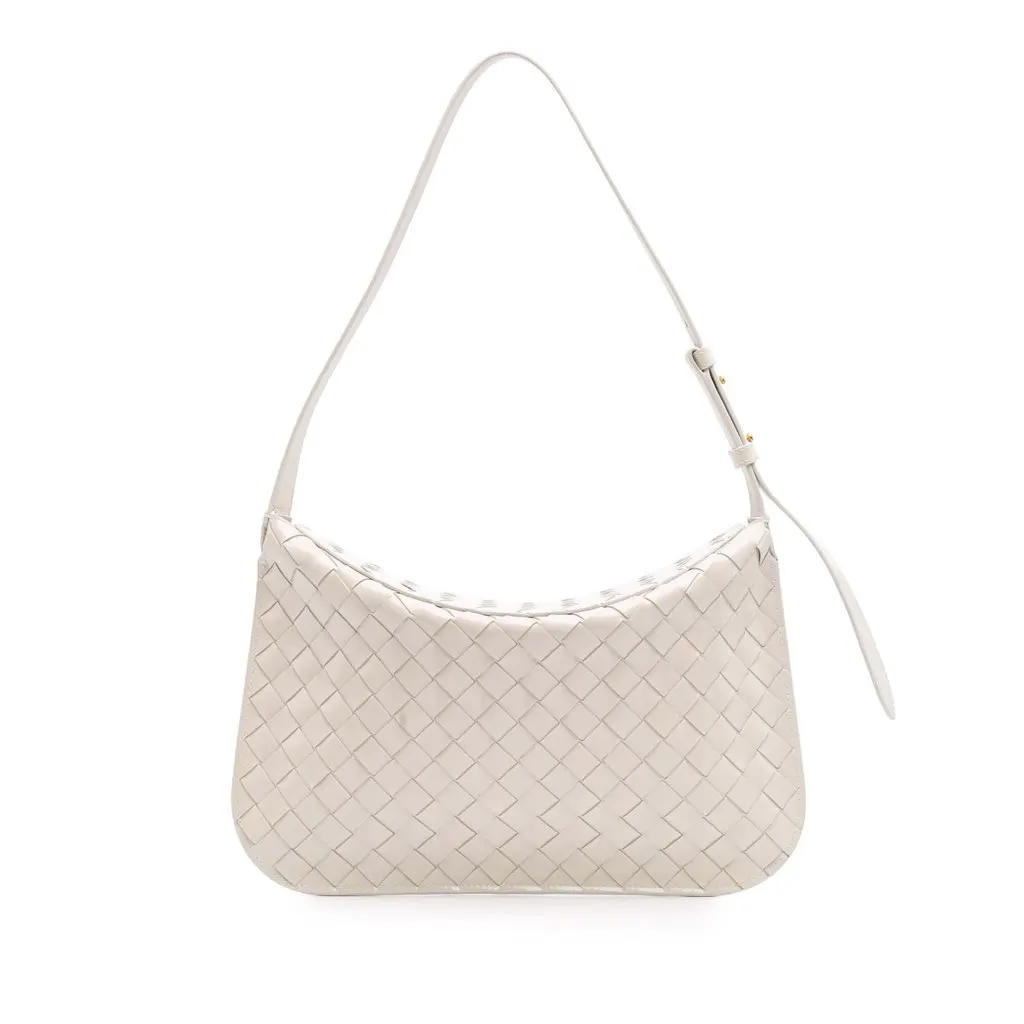 Bottega Veneta Brushed Calfskin Intrecciato Cradle Fold Over Shoulder Bag White Leather Good - Front View