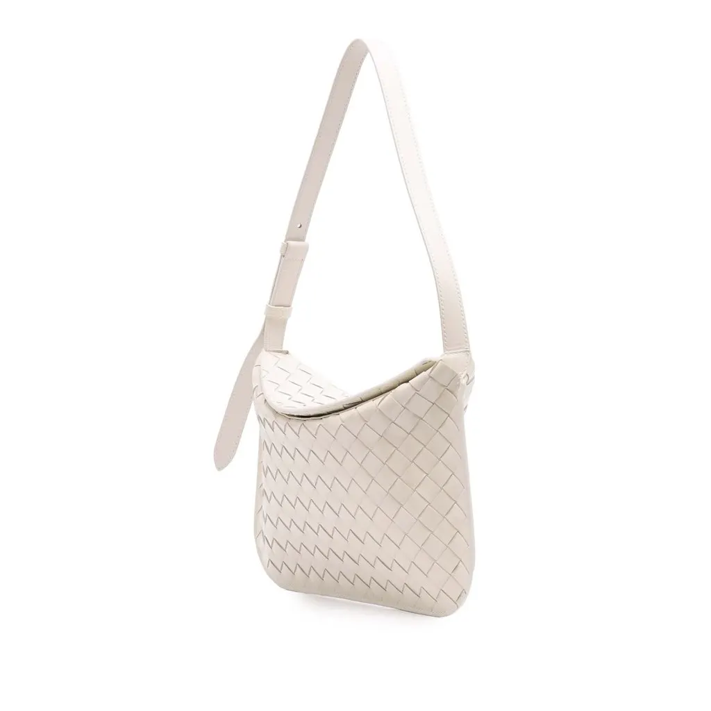 Bottega Veneta Brushed Calfskin Intrecciato Cradle Fold Over Shoulder Bag White Leather Good - Back View