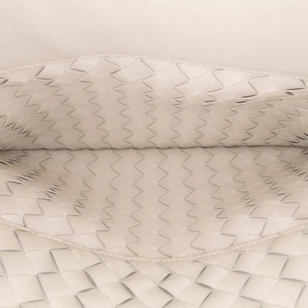 Bottega Veneta Brushed Calfskin Intrecciato Cradle Fold Over Shoulder Bag White Leather Good - Model View