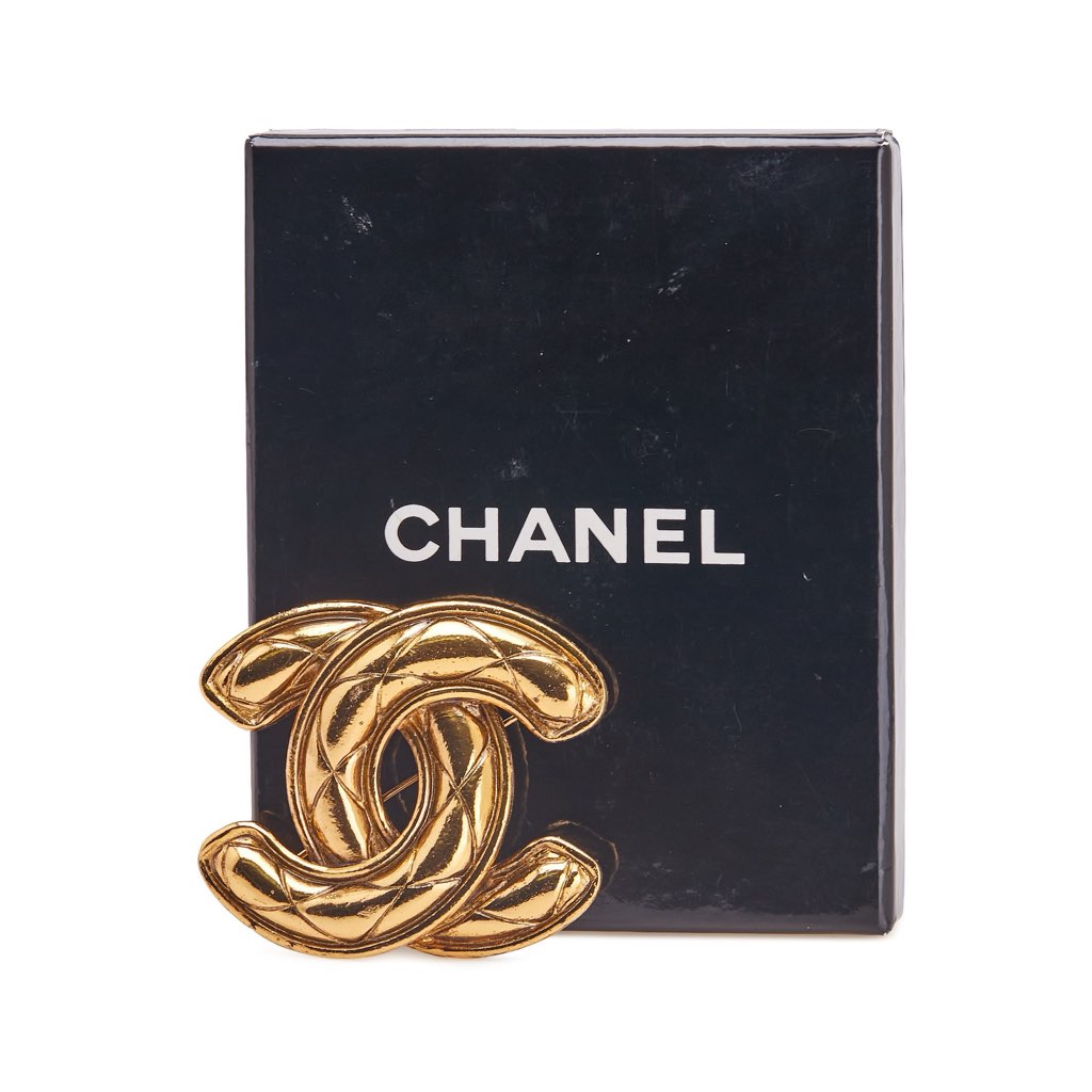 Chanel Gold Plated CC Quilted Brooch - Side view