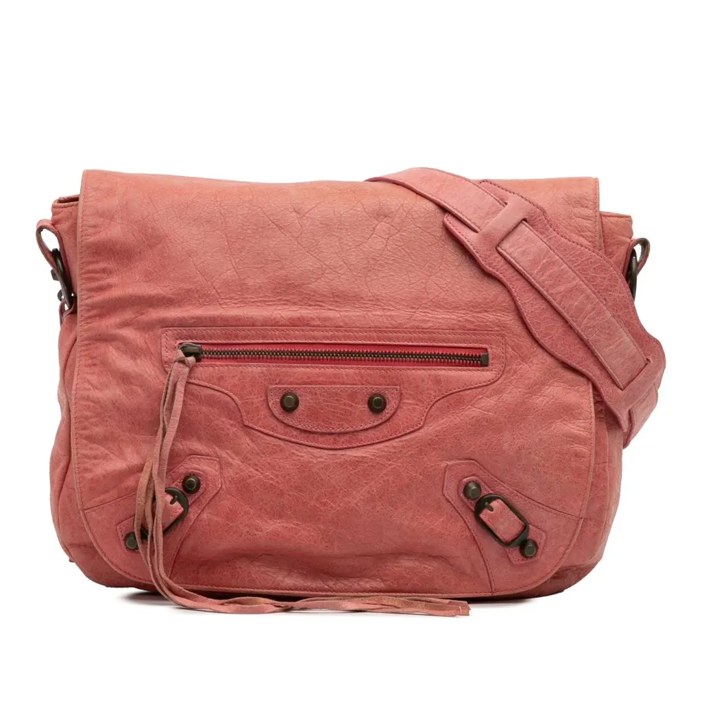 Balenciaga Lambskin Motocross Classic Folk Messenger Bag Pink Leather Good - Front View