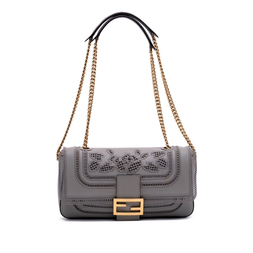 Fendi Embroidered Lace Leather Baguette Chain