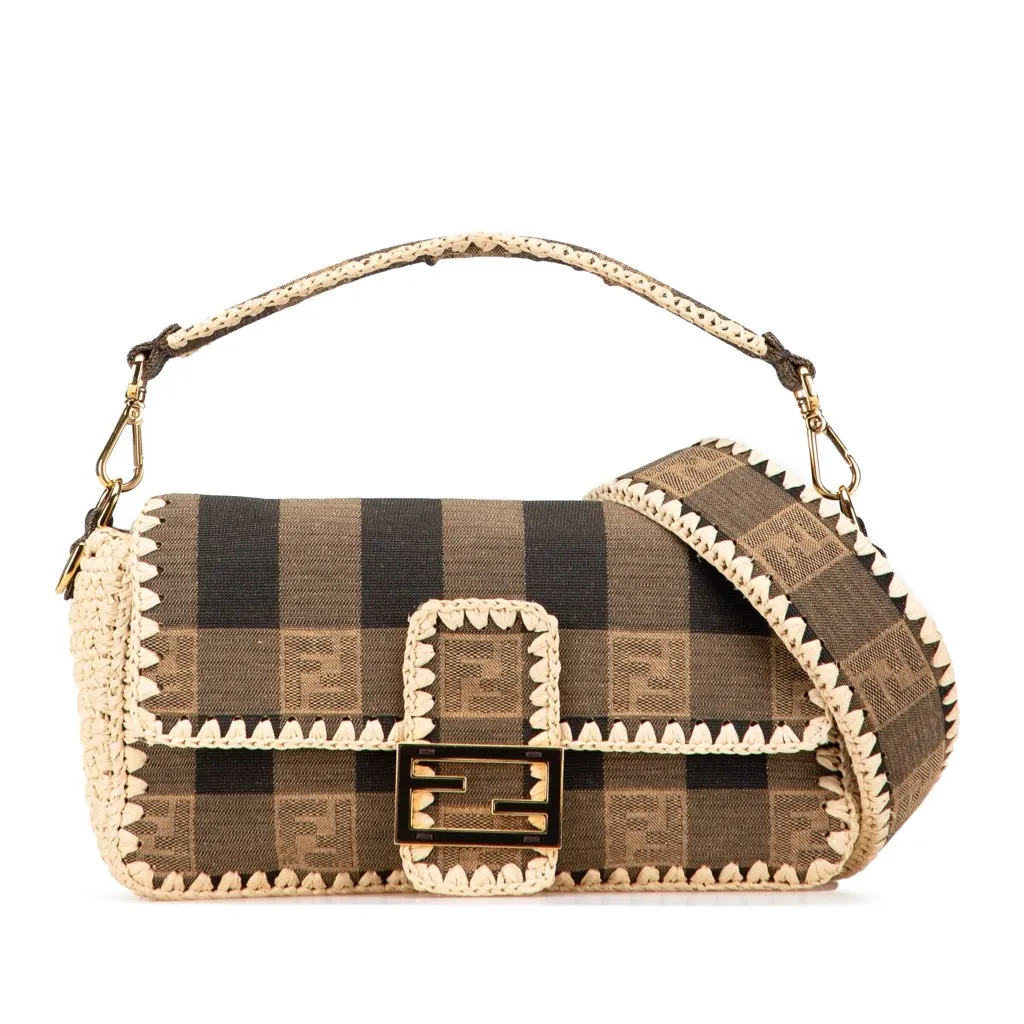 Fendi Pequin Gingham Canvas And Raffia Baguette Satchel Brown Canvas Good - Front View