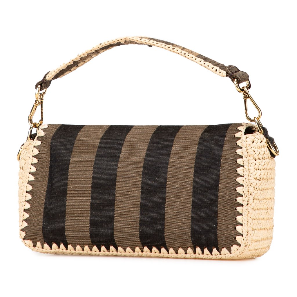 Fendi Pequin Gingham Canvas And Raffia Baguette Satchel - Back view