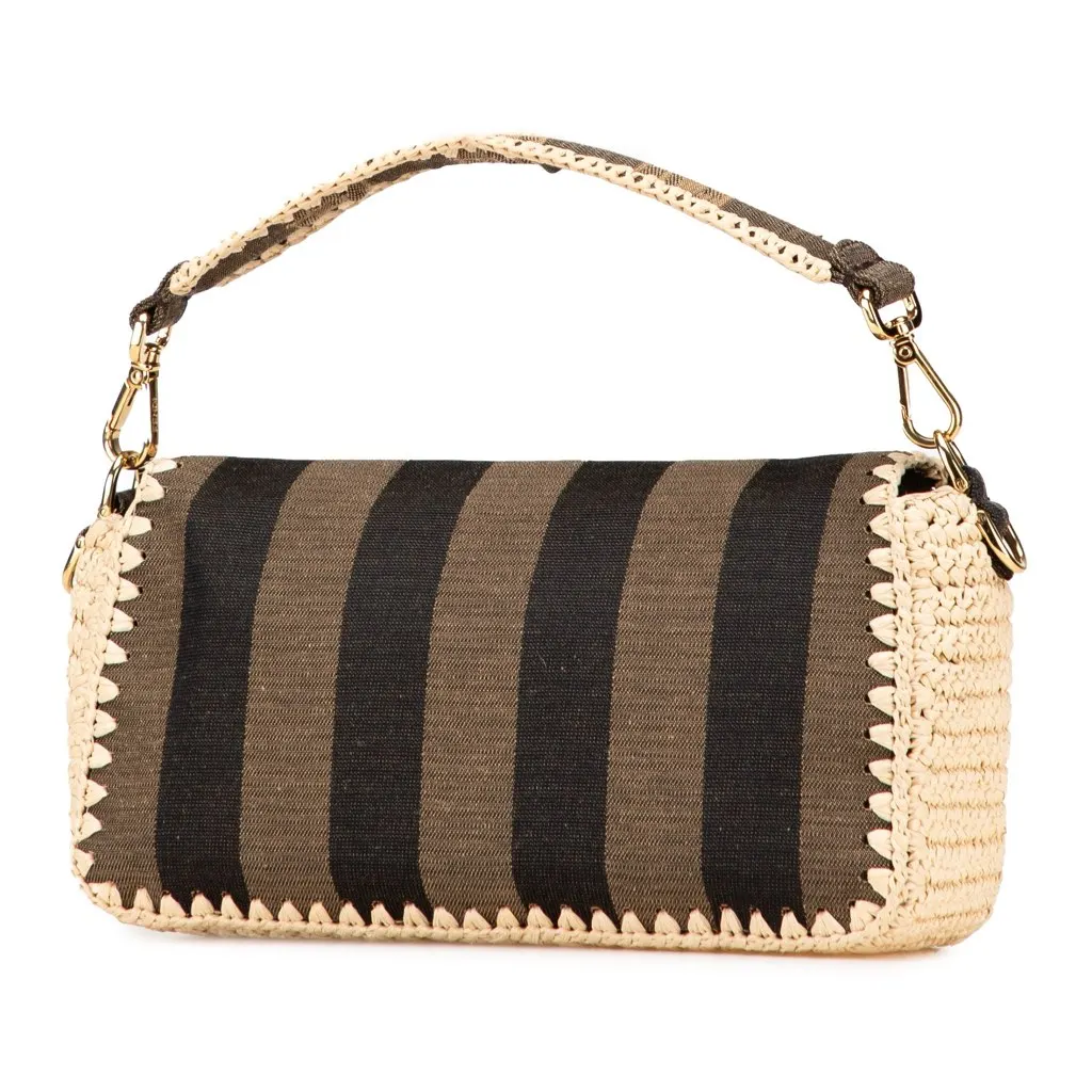 Fendi Pequin Gingham Canvas And Raffia Baguette Satchel Brown Canvas Good - Back View