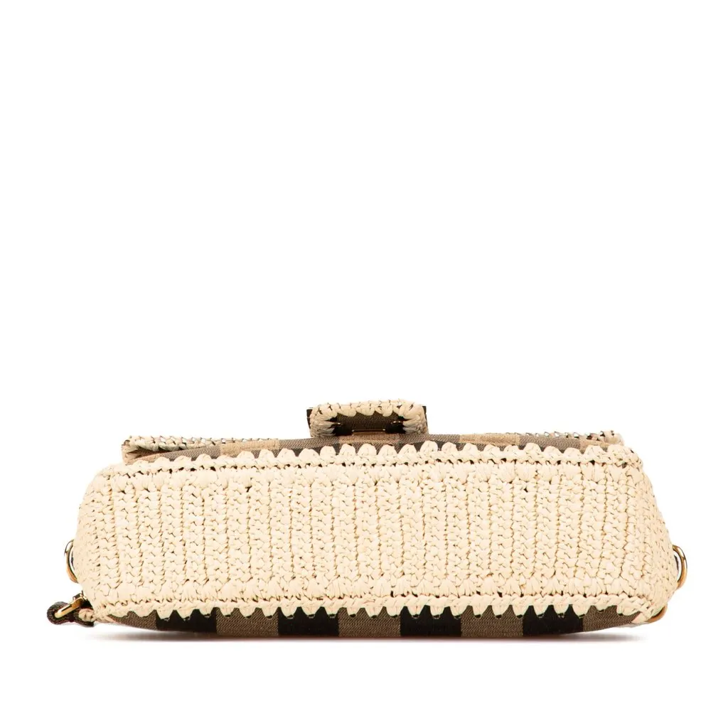 Fendi Pequin Gingham Canvas And Raffia Baguette Satchel Brown Canvas Good - Inside View