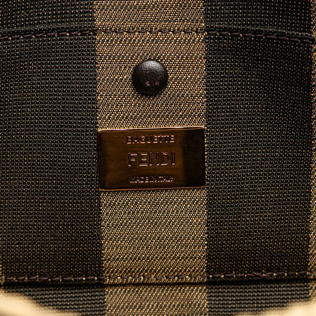 Fendi Pequin Gingham Canvas And Raffia Baguette Satchel Brown Canvas Good - Box View