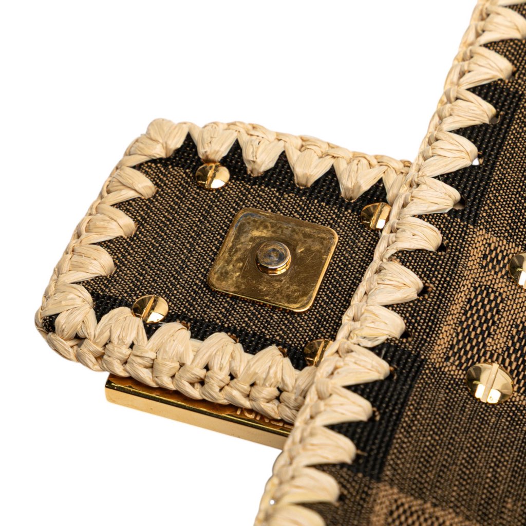 Fendi Pequin Gingham Canvas And Raffia Baguette Satchel - Image 10