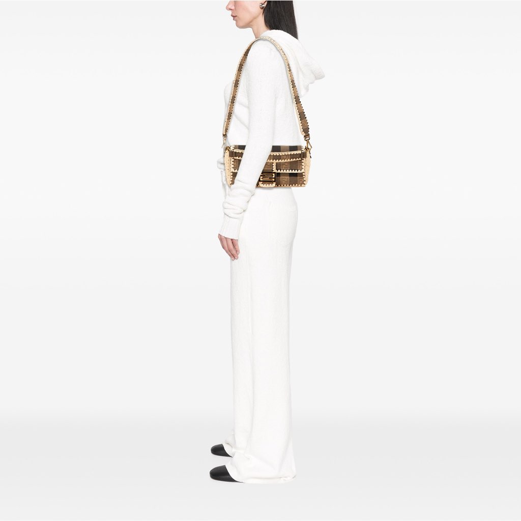 Fendi Pequin Gingham Canvas And Raffia Baguette Satchel - Image 11