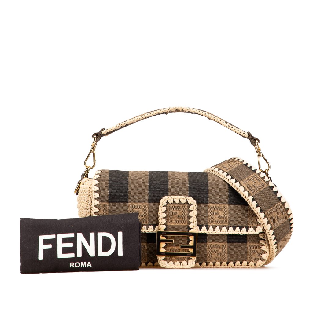 Fendi Pequin Gingham Canvas And Raffia Baguette Satchel - Image 12