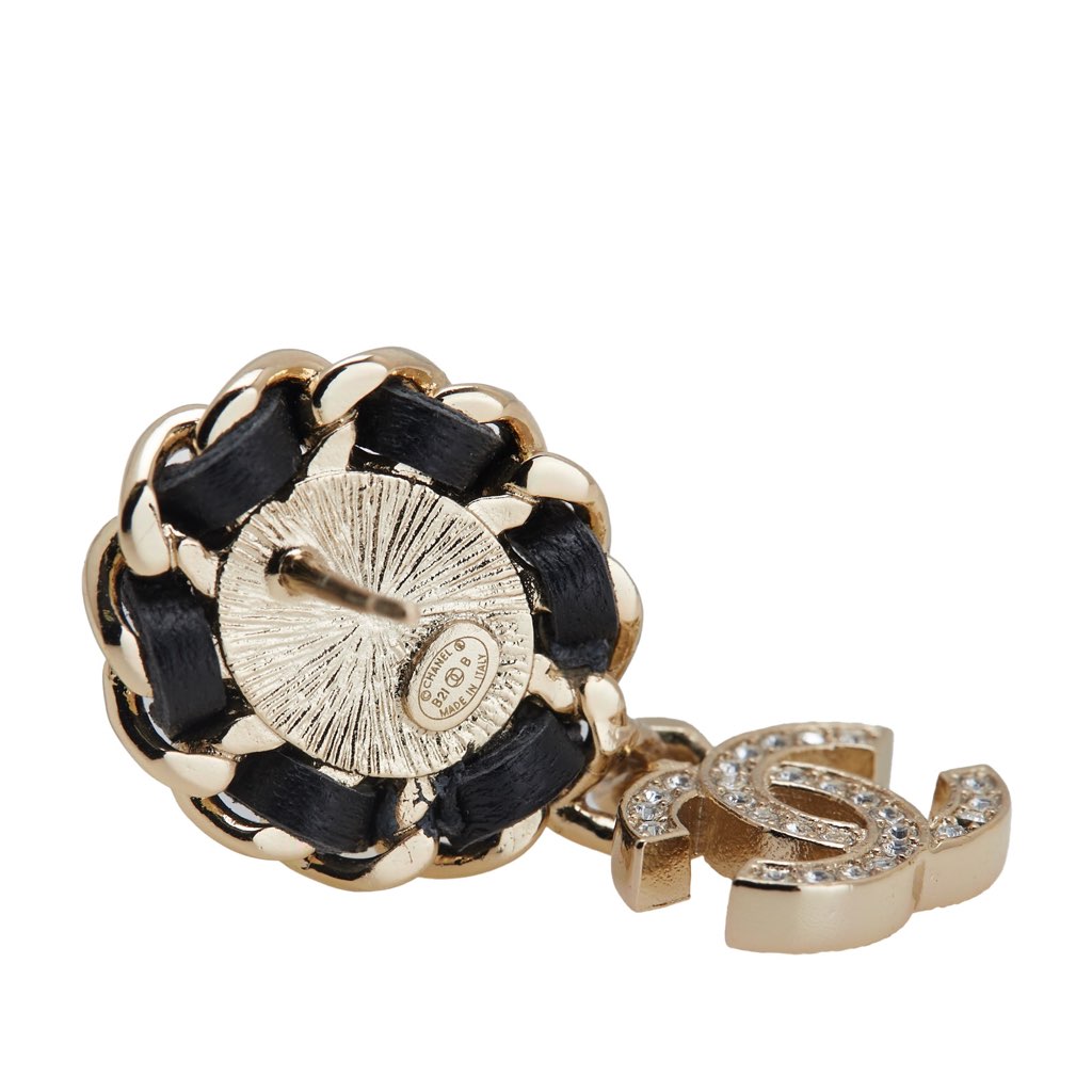 Chanel Gold Plated Leather Woven Faux Pearl CC Crystal Drop Earrings - 3