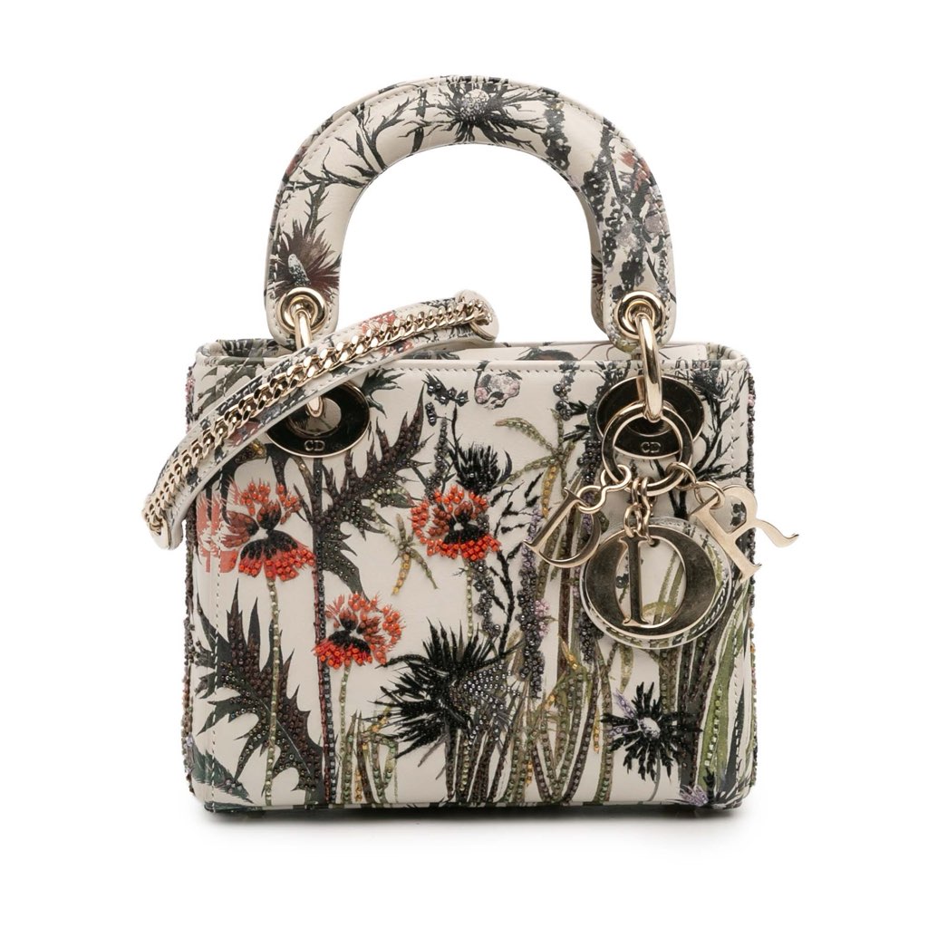Dior Mini Calfskin Beaded Embroidered Jardin Naturel Lady Dior