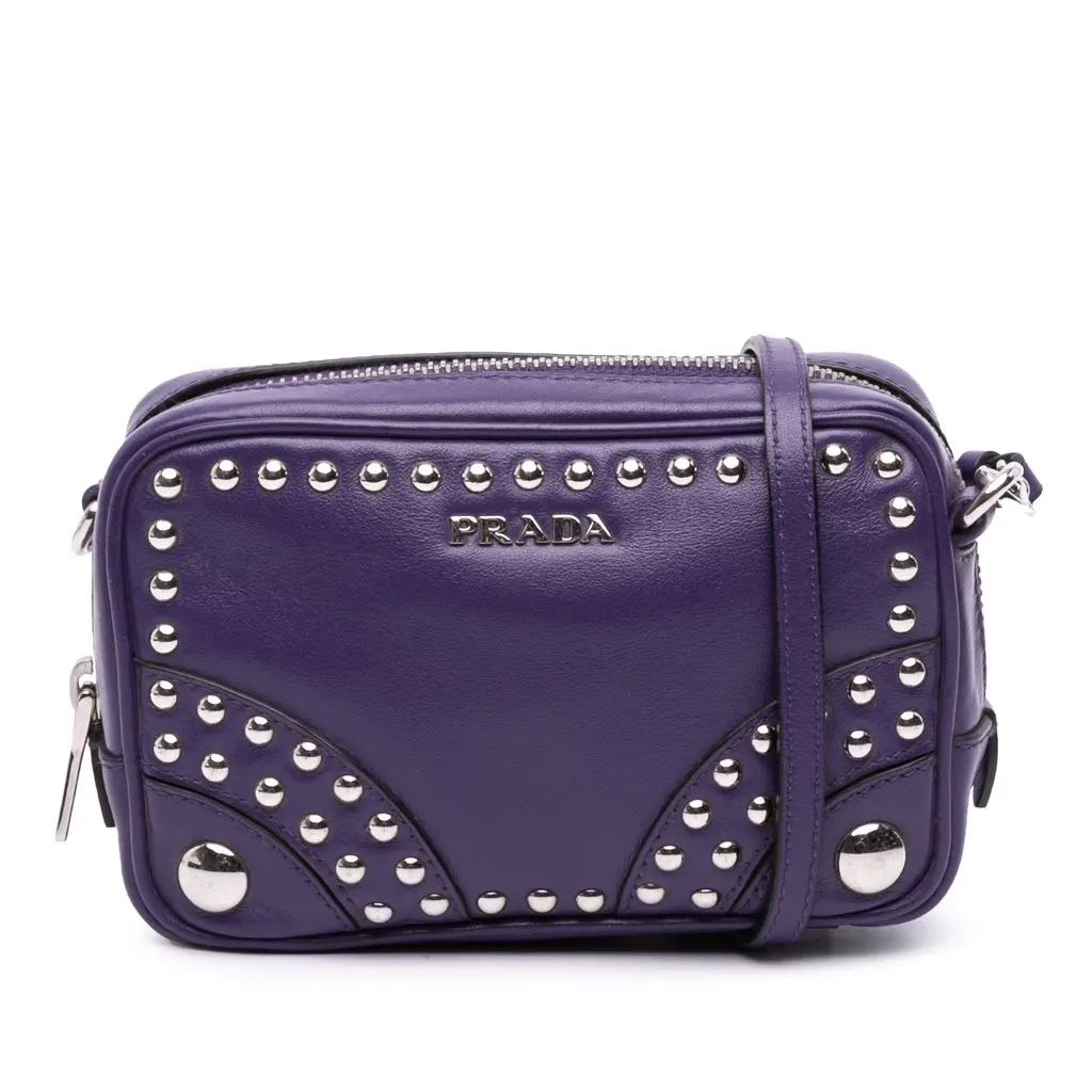 Prada Mini Leather Studded Camera Bag Purple Leather Good - Front View