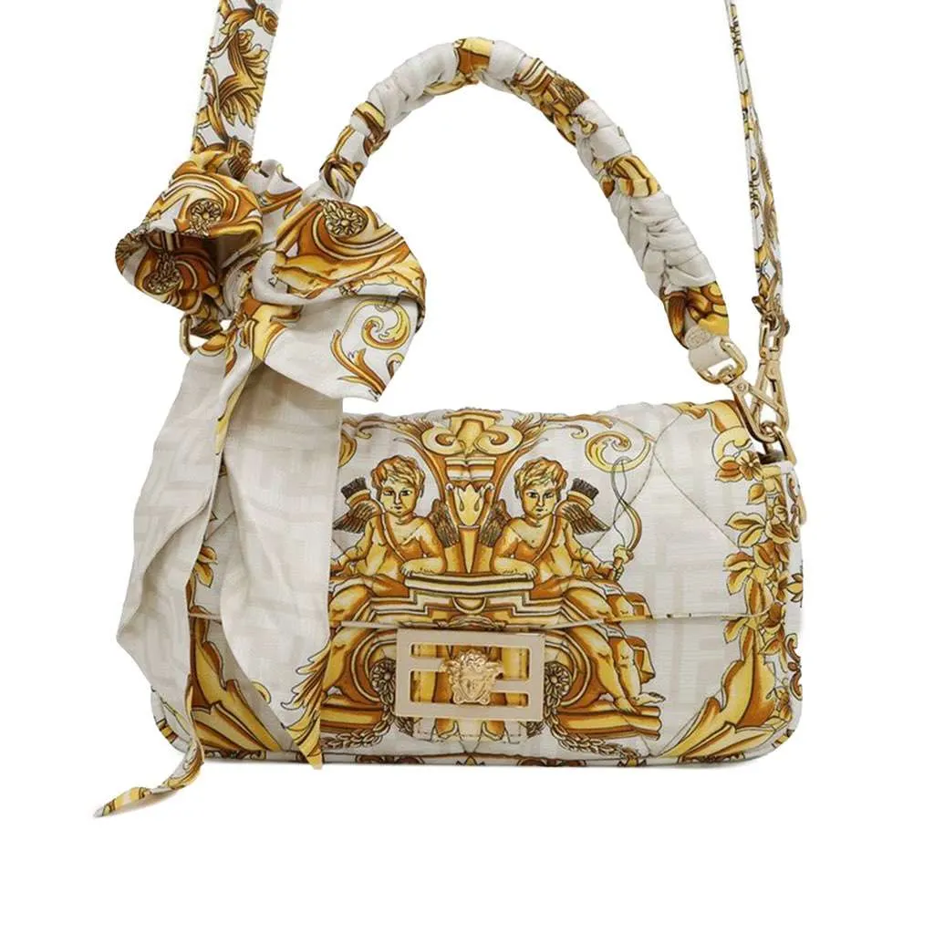 Fendi Versace Fendace FF Baroque Print Silk Baguette Satchel White Silk Good - Front View