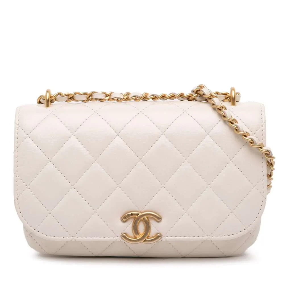 Chanel Quilted Shiny Lambskin Flap with Chain White Leather Good - Front View