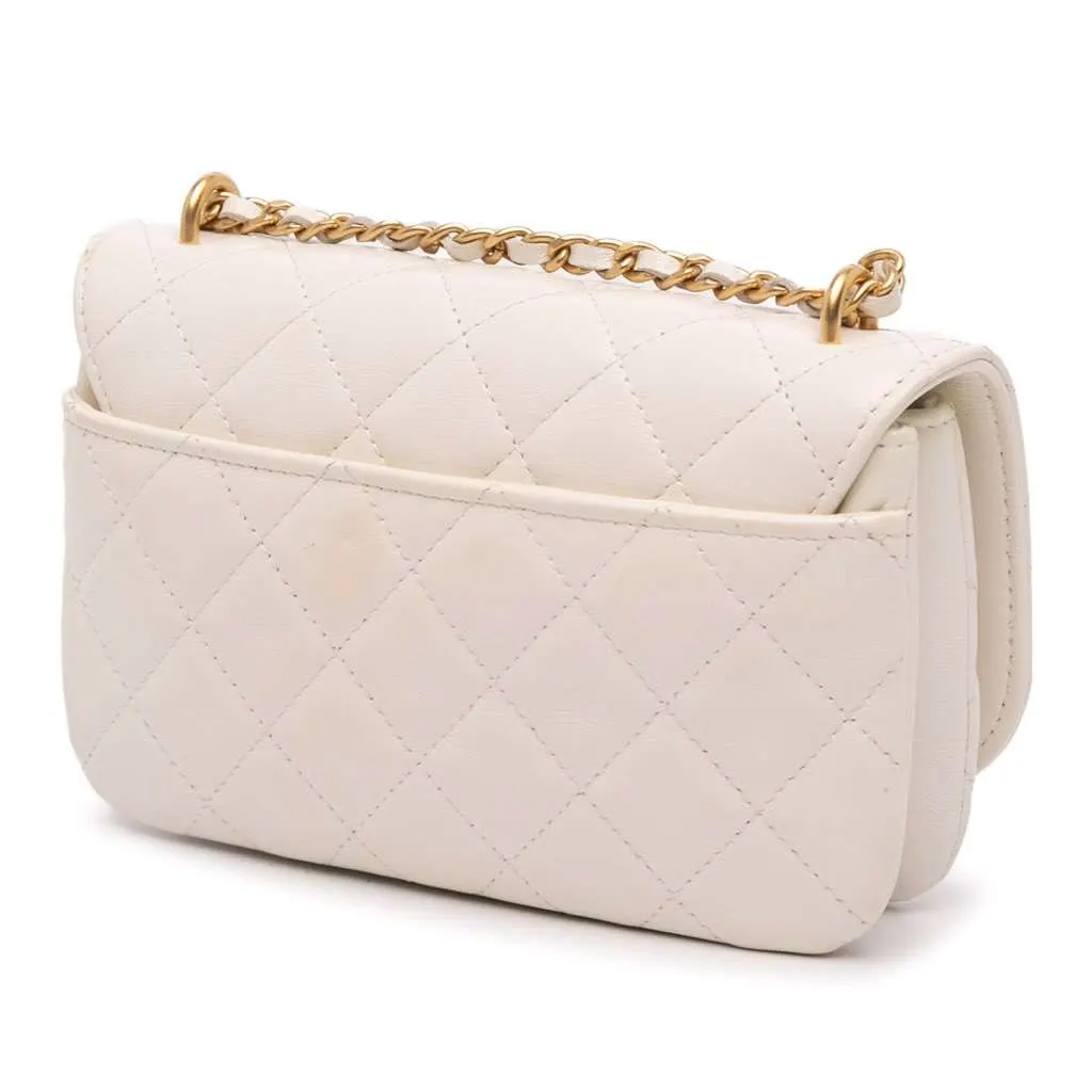 Chanel Quilted Shiny Lambskin Flap with Chain White Leather Good - Back View