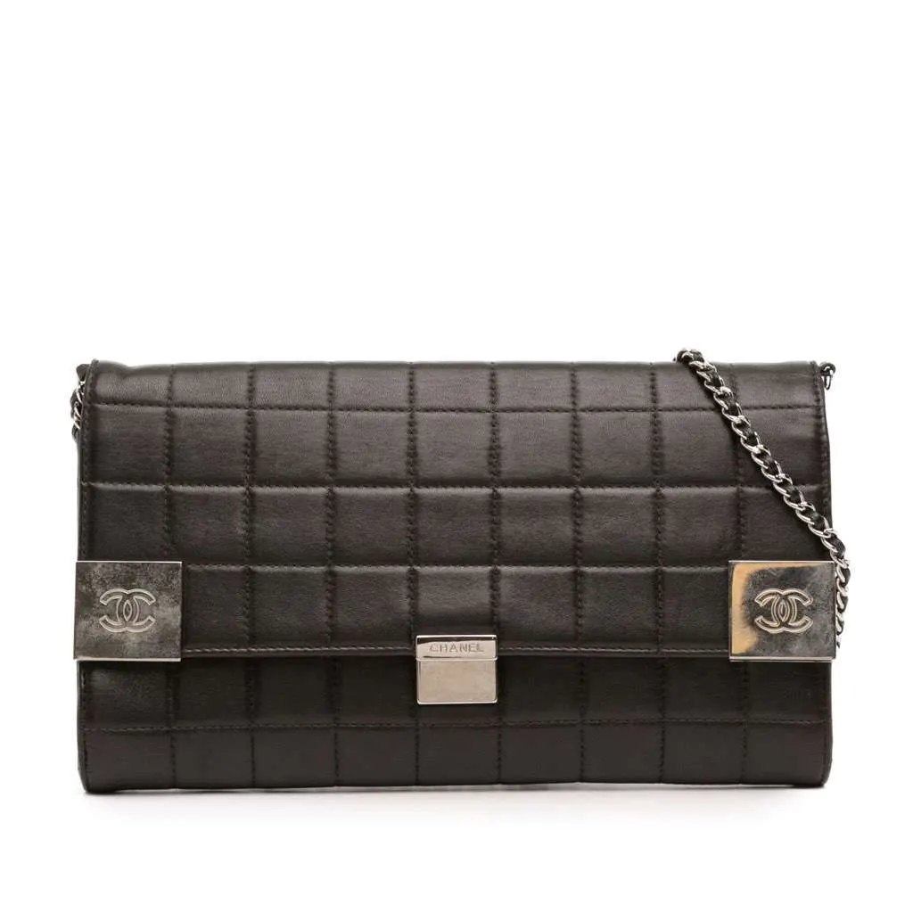 Chanel Quilted Lambskin Chocolate Bar Shoulder Bag Black Leather Good - Front View