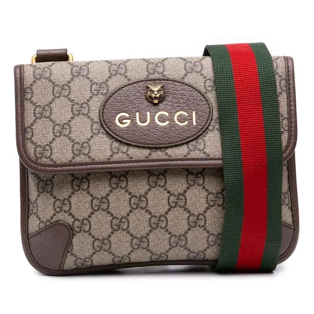 Gucci Small GG Supreme Web Neo Vintage Double Flap Messenger Bag Brown Canvas Good - Front View