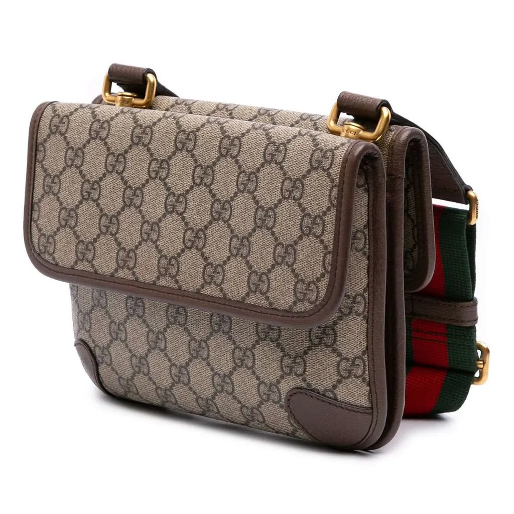 Gucci Small GG Supreme Web Neo Vintage Double Flap Messenger Bag Brown Canvas Good - Back View
