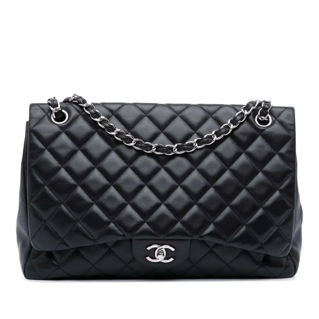 Chanel Maxi Classic Lambskin Single Flap Black Leather Good - Front View