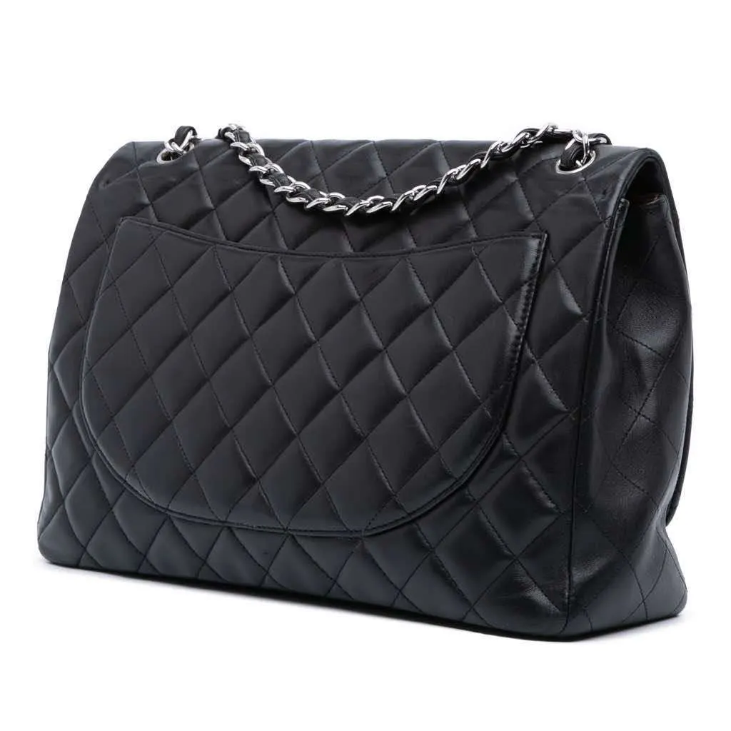 Chanel Maxi Classic Lambskin Single Flap Black Leather Good - Back View