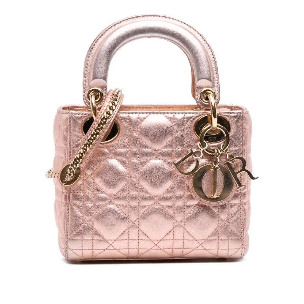 Dior Mini Metallic Lambskin Cannage Lady Dior Pink Leather Good - Front View