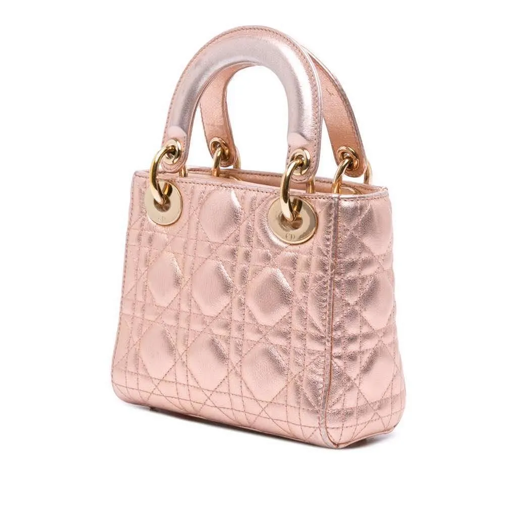 Dior Mini Metallic Lambskin Cannage Lady Dior Pink Leather Good - Back View