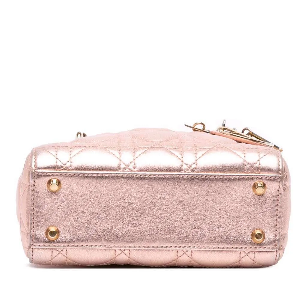 Dior Mini Metallic Lambskin Cannage Lady Dior Pink Leather Good - Inside View