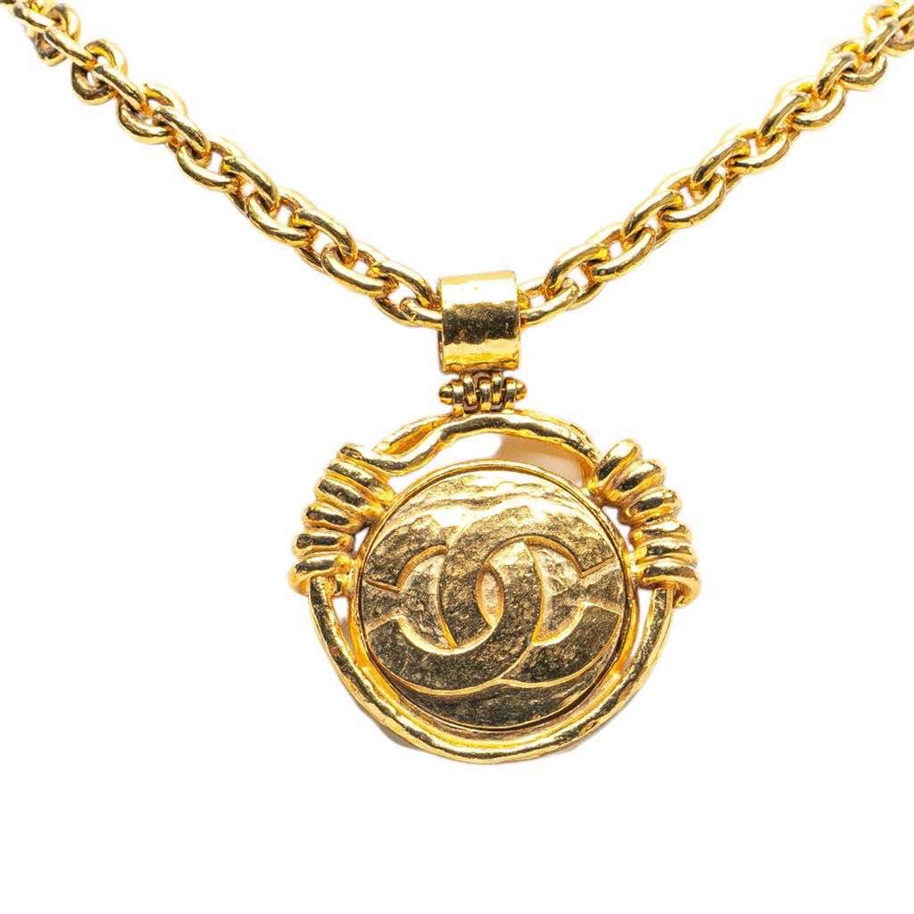 Chanel Gold Plated CC Round Mirror Pendant Necklace