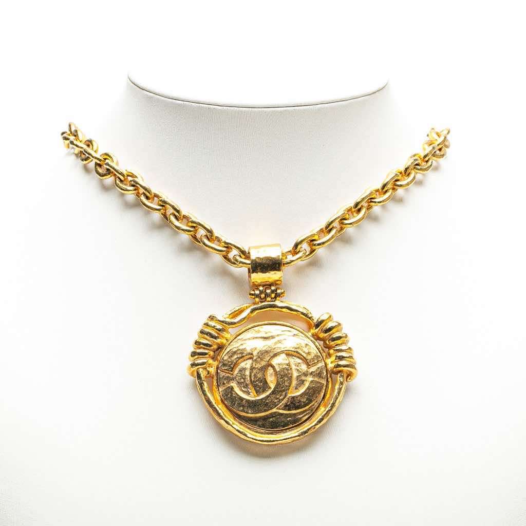 Chanel Gold Plated CC Round Mirror Pendant Necklace - Side view