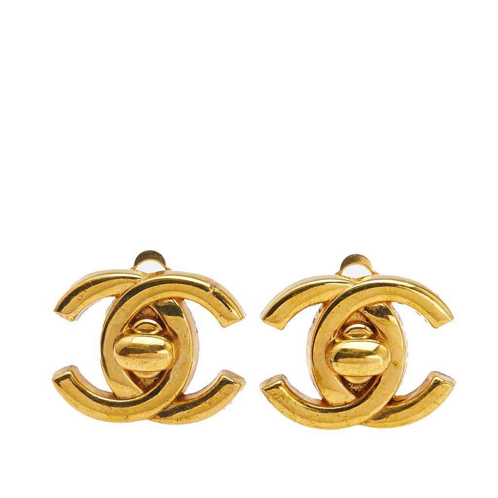 Chanel Gold Plated CC Turn Lock Clip on Earrings