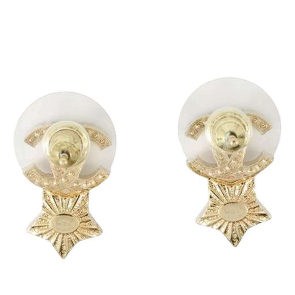 Chanel Gold Plated Rhinestone and Faux Pearl CC Star Push Back Earrings - 2