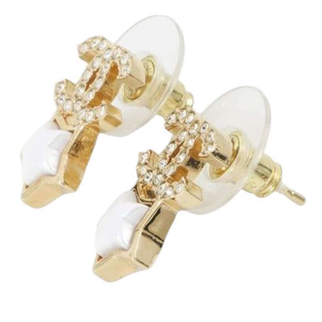 Chanel Gold Plated Rhinestone and Faux Pearl CC Star Push Back Earrings - 3